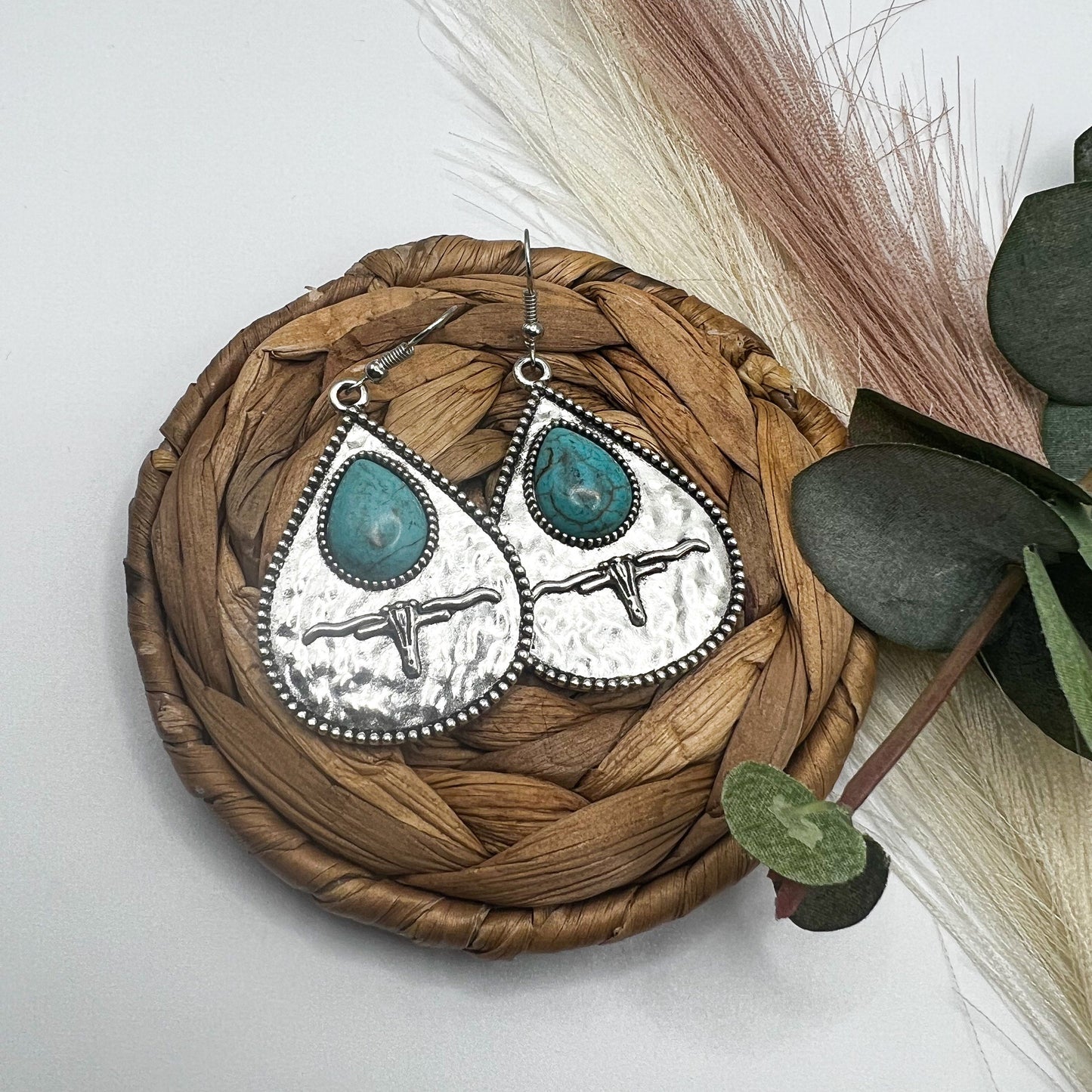 Turquoise Metal Stamped Dangle Earrings | Western Earrings | Cowgirl Earrings | Boho Earrings | Turquoise Silver earrings
