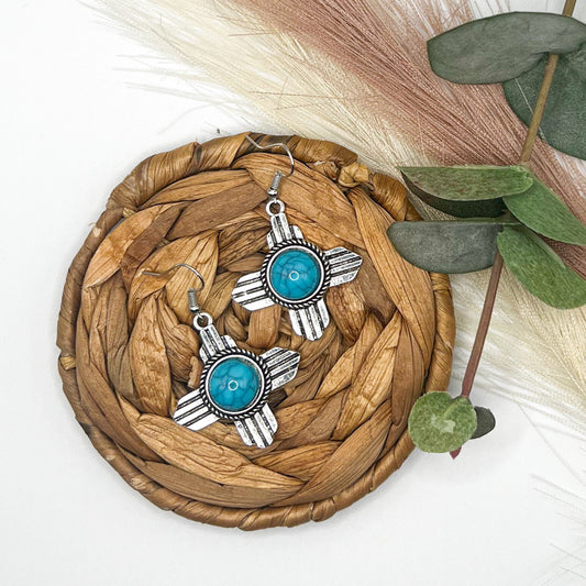 Turquoise Metal Stamped Aztec Earrings | Western Earrings | Cowgirl Earrings | Boho Earrings | Turquoise Silver earrings