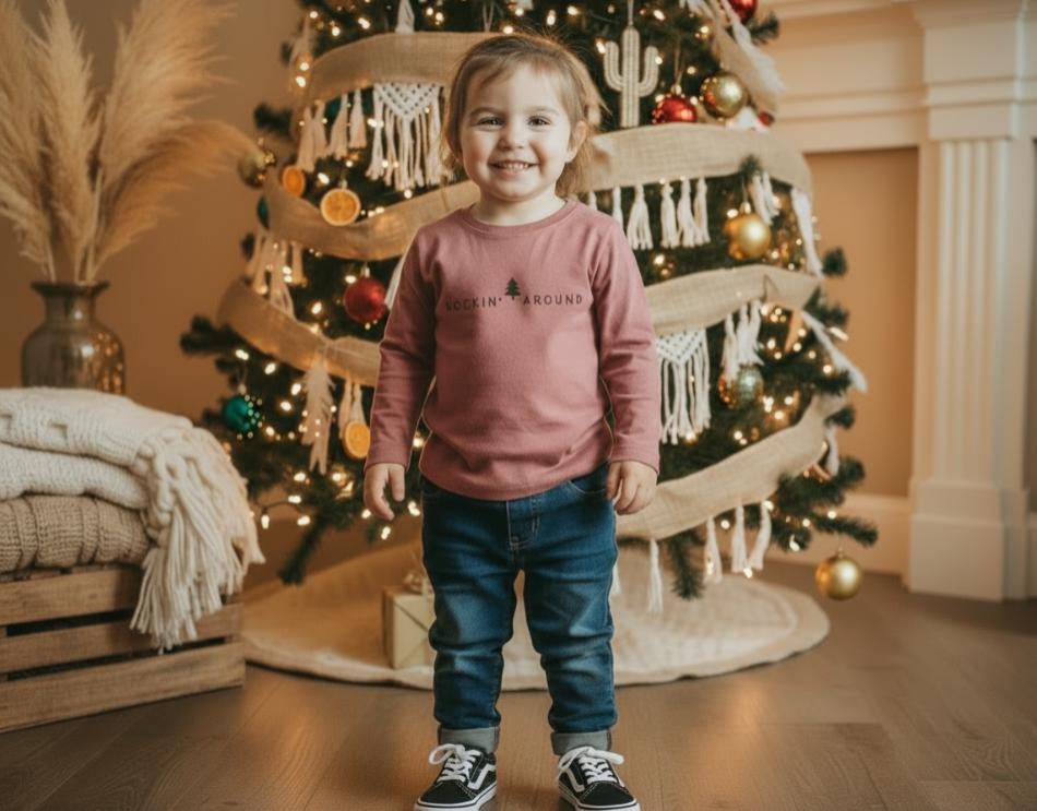 Rockin Around Toddler Long Sleeve, Sweatshirt, T-Shirt, Tee, Christmas Tree, Oversized, Loose Fit, Infant Sweatshirt