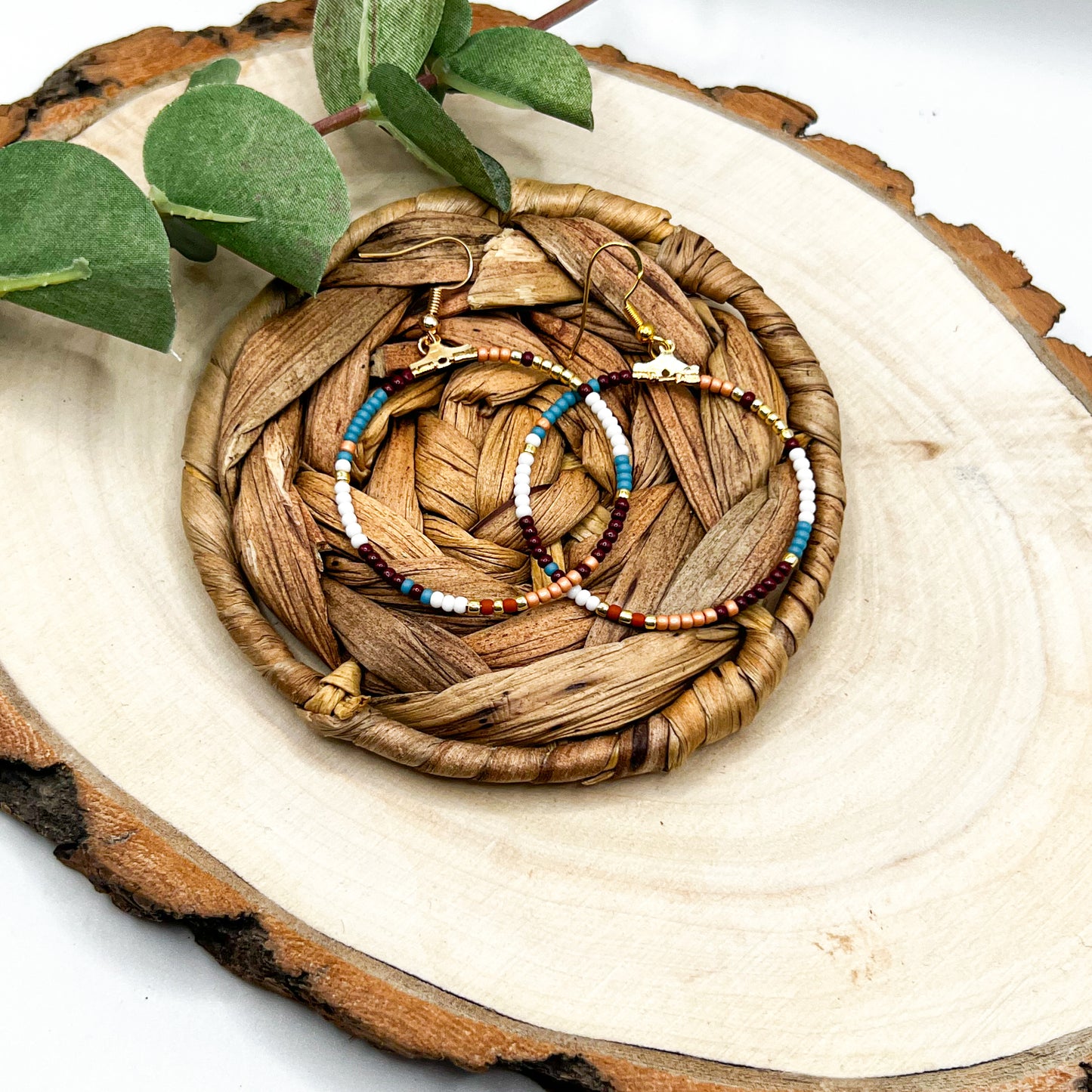 Large Blue and Pink Beaded Varsity Hoop Earrings