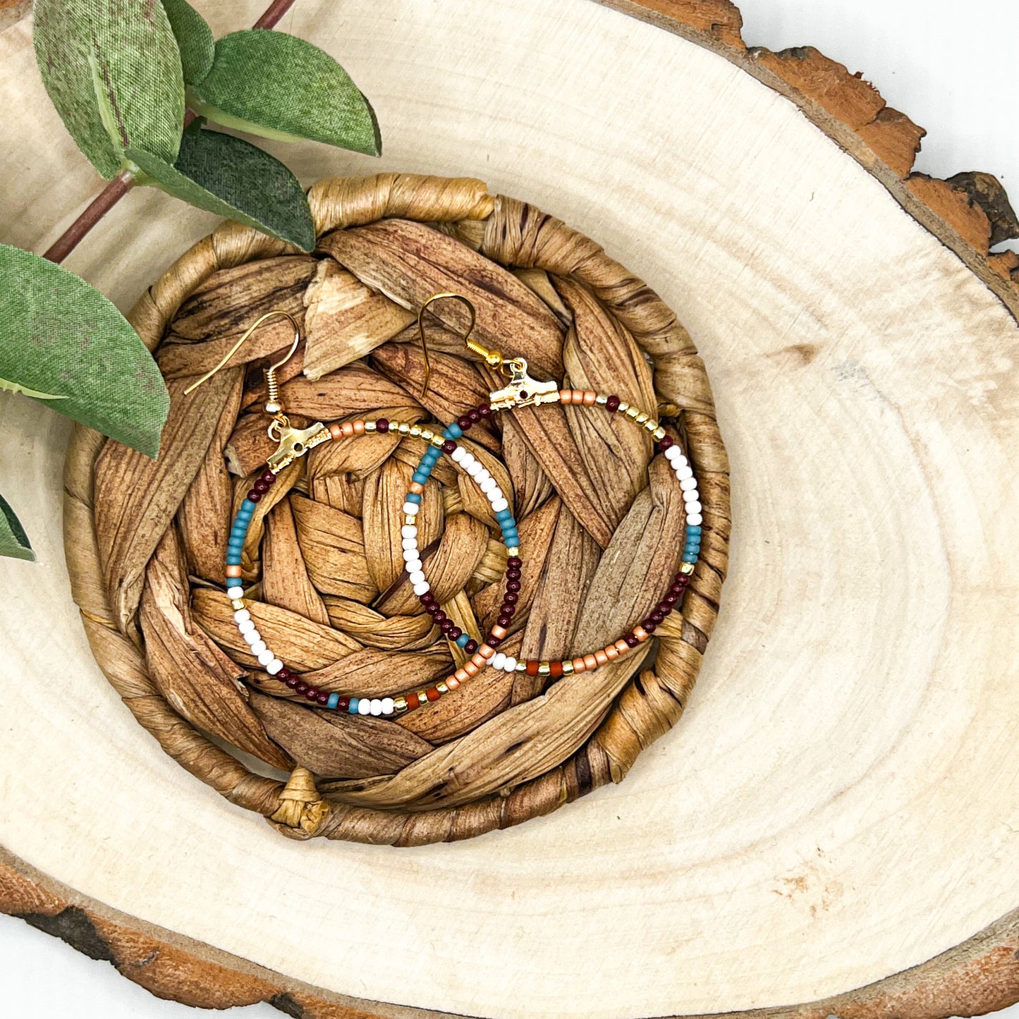 Large Blue and Pink Beaded Varsity Hoop Earrings