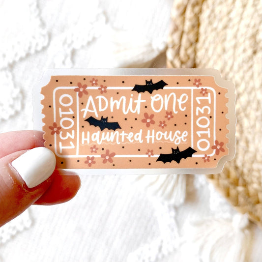 Clear Haunted House Admit One Sticker, 2.7x1.5 in. | Fall