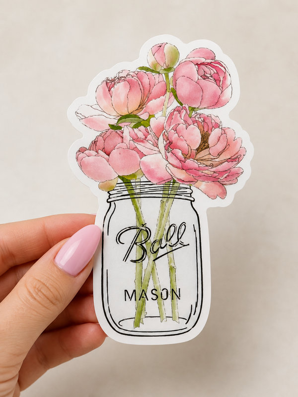 Pink Peony Mason Jar Vinyl Sticker