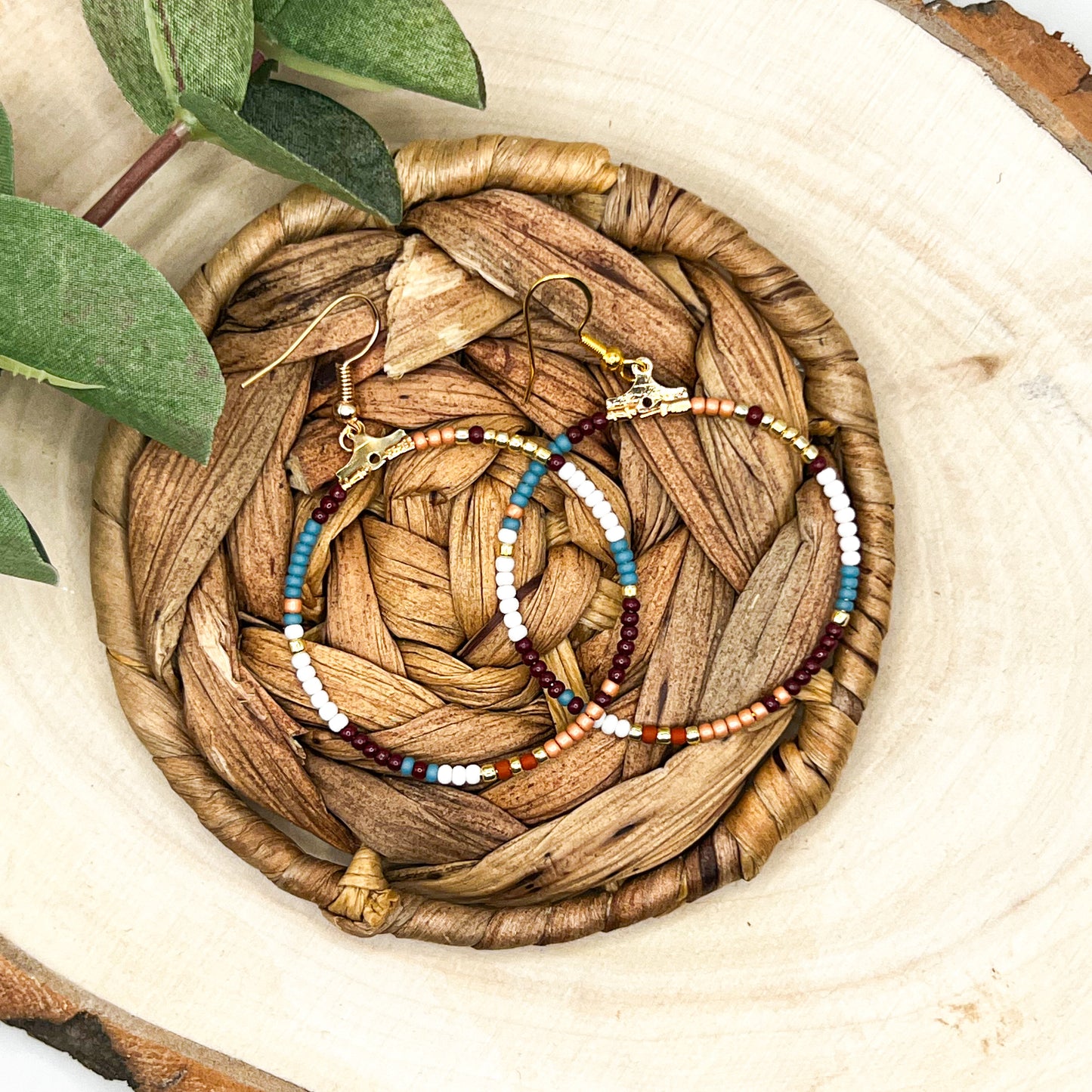 Large Blue and Pink Beaded Varsity Hoop Earrings