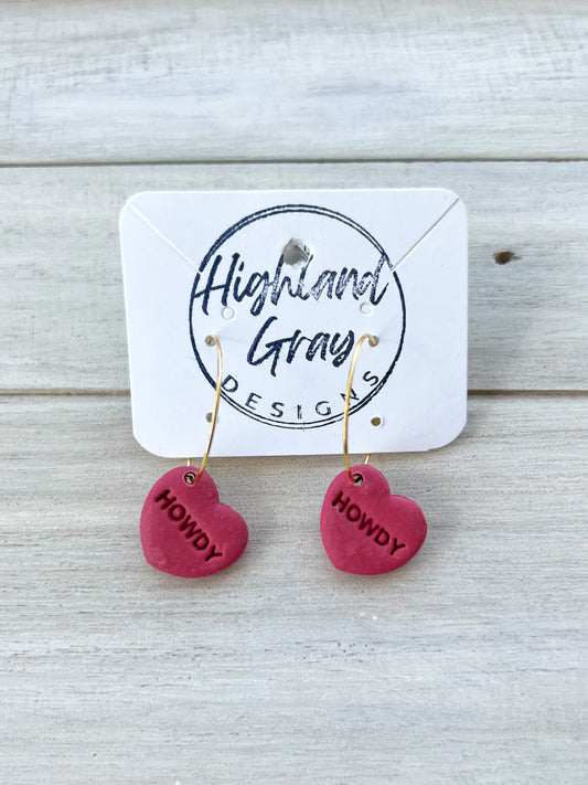Heart with Howdy Stamp Dangle Clay Earrings | Clay Earrings | Heart Earrings