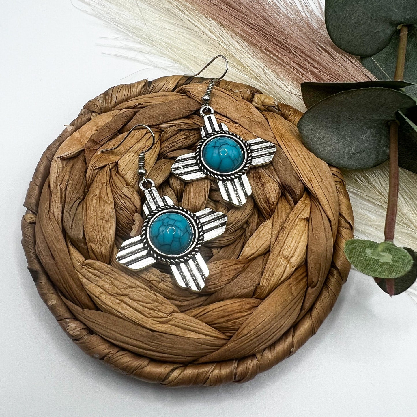 Turquoise Metal Stamped Aztec Earrings | Western Earrings | Cowgirl Earrings | Boho Earrings | Turquoise Silver earrings