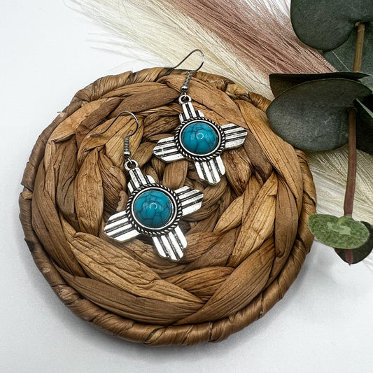 Turquoise Metal Stamped Aztec Earrings | Western Earrings | Cowgirl Earrings | Boho Earrings | Turquoise Silver earrings