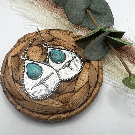 Turquoise Metal Stamped Dangle Earrings | Western Earrings | Cowgirl Earrings | Boho Earrings | Turquoise Silver earrings