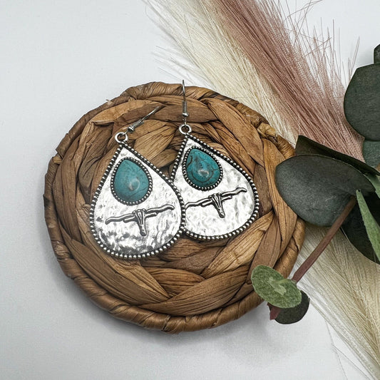 Turquoise Metal Stamped Dangle Earrings | Western Earrings | Cowgirl Earrings | Boho Earrings | Turquoise Silver earrings