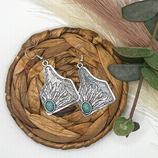 Turquoise Metal Stamped Sunflower Cow Tag Earrings | Western Earrings | Cowgirl Earrings | Boho Earrings | Turquoise Silver earrings