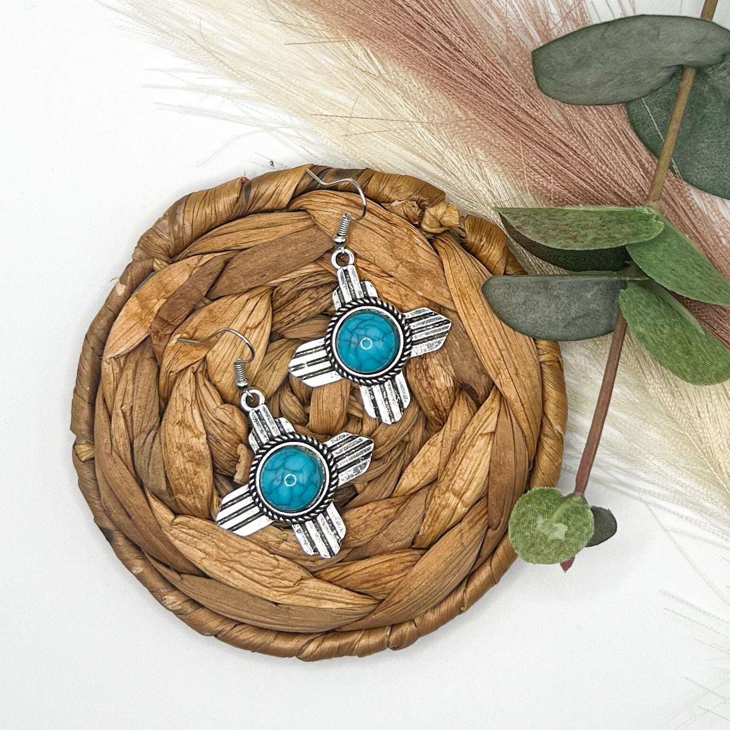 Turquoise Metal Stamped Aztec Earrings | Western Earrings | Cowgirl Earrings | Boho Earrings | Turquoise Silver earrings