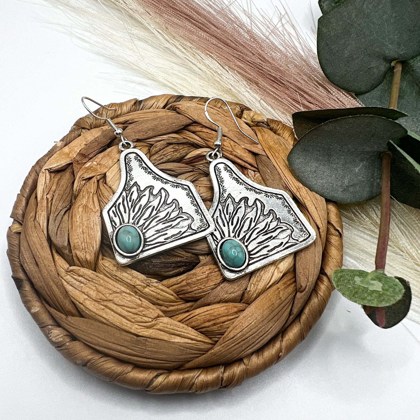 Turquoise Metal Stamped Sunflower Cow Tag Earrings | Western Earrings | Cowgirl Earrings | Boho Earrings | Turquoise Silver earrings