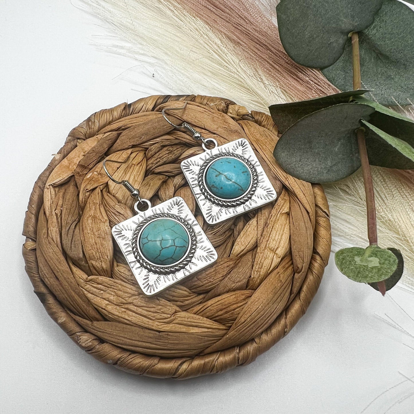 Turquoise Metal Stamped Square Dangle Earrings | Western Earrings | Cowgirl Earrings | Boho Earrings | Turquoise Silver earrings