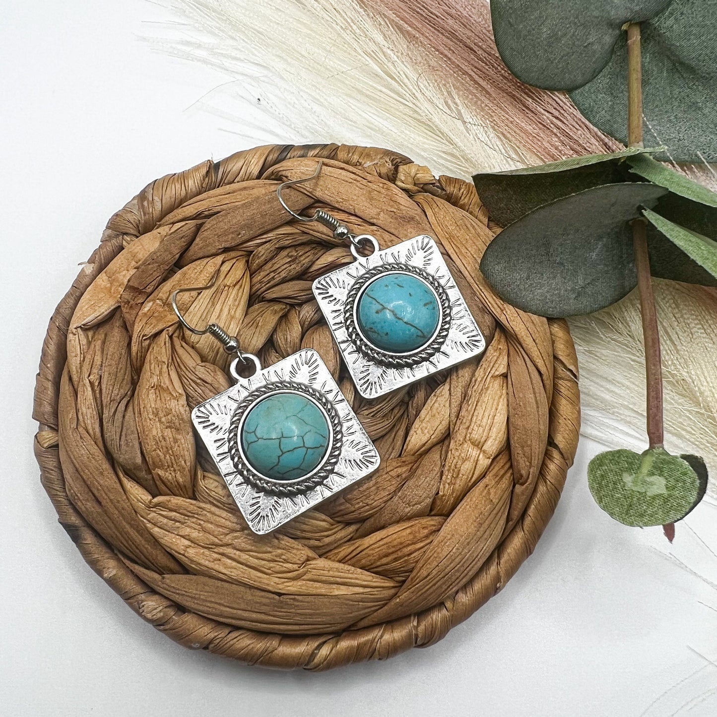 Turquoise Metal Stamped Square Dangle Earrings | Western Earrings | Cowgirl Earrings | Boho Earrings | Turquoise Silver earrings