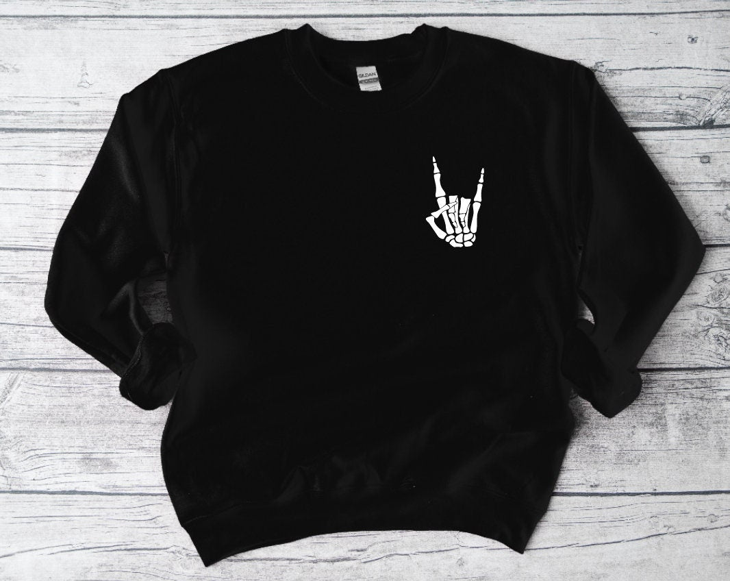 Rock On Skelly Crewneck, Halloween, Rock On Sweatshirt, Loose Fit, Oversized, Fall Sweatshirt, Halloween Crewneck, Hand Crewneck