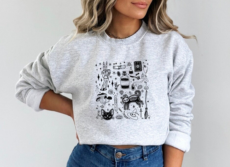 Halloween Doodle Crewneck, Halloween, Doodle Sweatshirt, Loose Fit, Oversized, Fall Sweatshirt, Halloween Crewneck