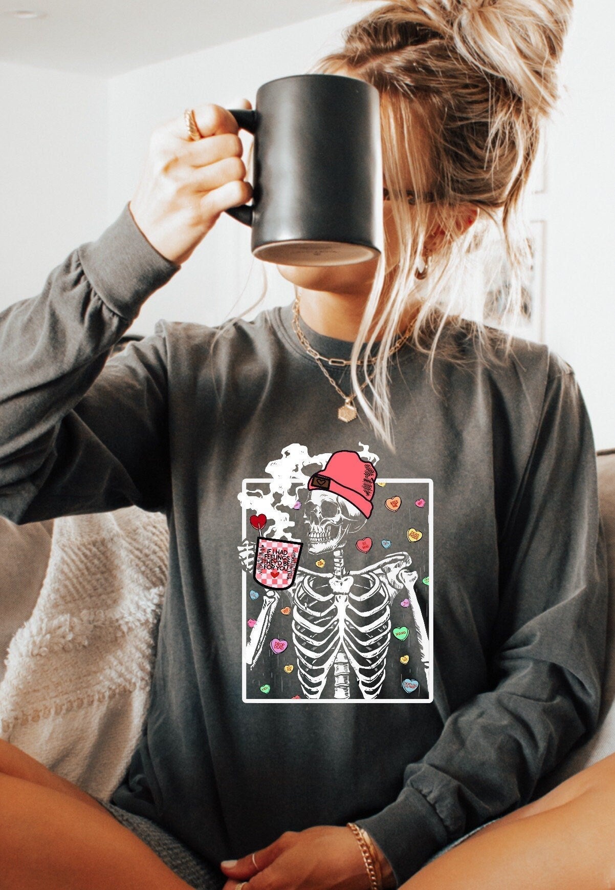 Valentine's Skeleton Coffee Long Sleeve, Comfort Colors Long Sleeve, Valentines Shirt, Oversized, Loose Fit, Valentine, Skelly
