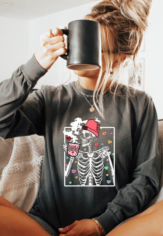 Valentine's Skeleton Coffee Long Sleeve, Comfort Colors Long Sleeve, Valentines Shirt, Oversized, Loose Fit, Valentine, Skelly