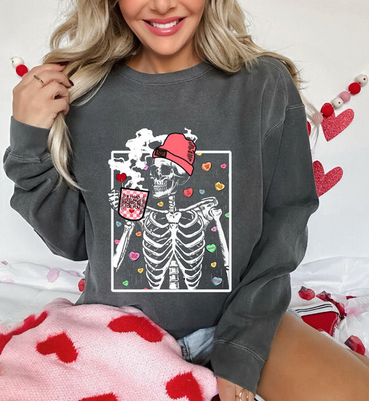 Valentine's Skeleton Coffee Crewneck, Comfort Colors Sweatshirt, Valentine's Pullover, Oversized, Loose Fit, Winter, Skelly
