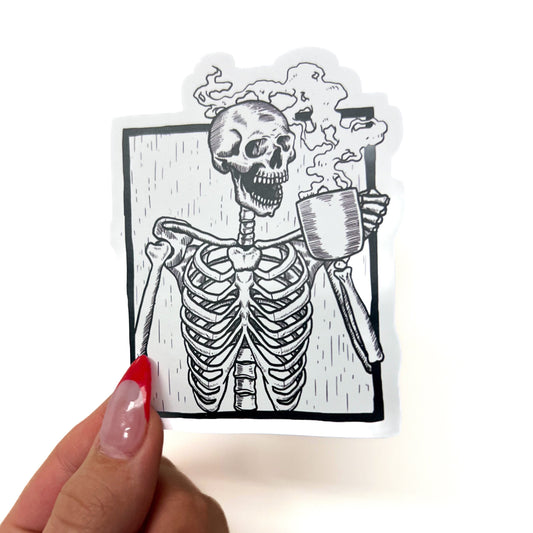 Skelly Drinking Coffee Sticker // Skeleton Drinking Coffee Sticker