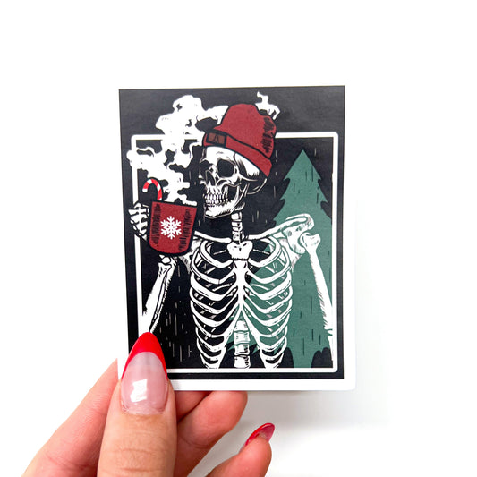 Christmas Skelly Drinking Coffee Sticker // Christmas Skeleton Drinking Coffee Sticker