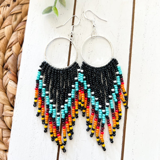 Boho Western Aztec Seed Beaded Fringe Earrings | Long Drop Dangle Earrings | Rodeo Earrings | Western Statement Earrings
