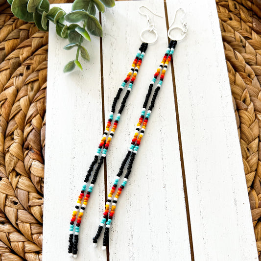 Boho Aztec Western Extra Long Beaded Earrings | Oversized Tassle Fringe Earrings | Seed Bead Statement Earrings