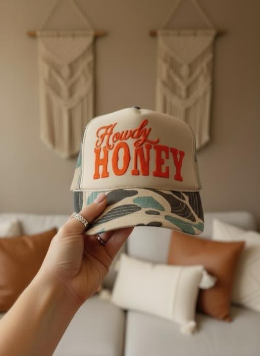 Howdy Honey Trucker Hat | Western Cowgirl Hat | Camo Mesh Cap | Boho Country Trucker Hat for Women